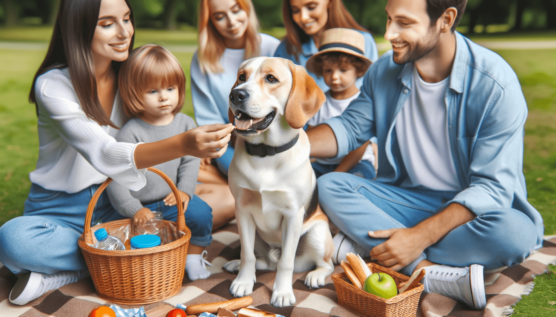 A Lab Hound Mix fitting right in with a family picnic, proving it's as adaptable as it is adorable