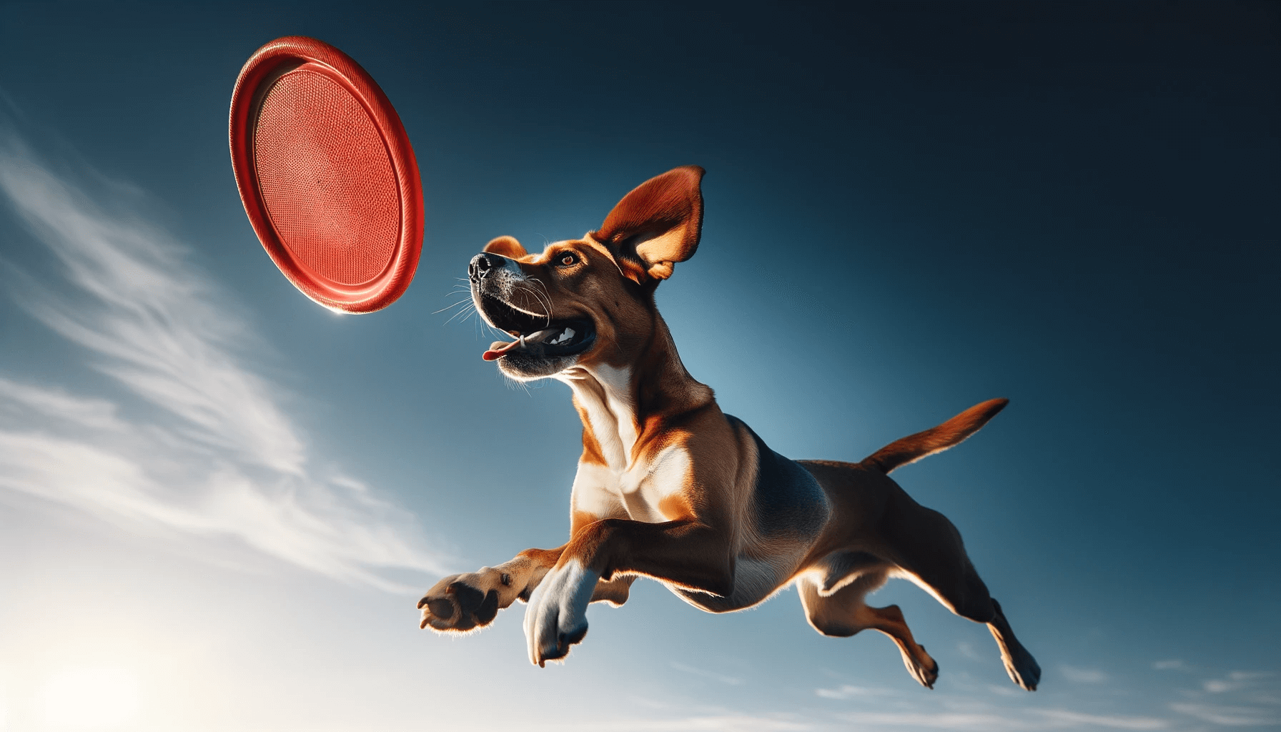A Lab Hound Mix mid-leap, catching a frisbee with sheer joy