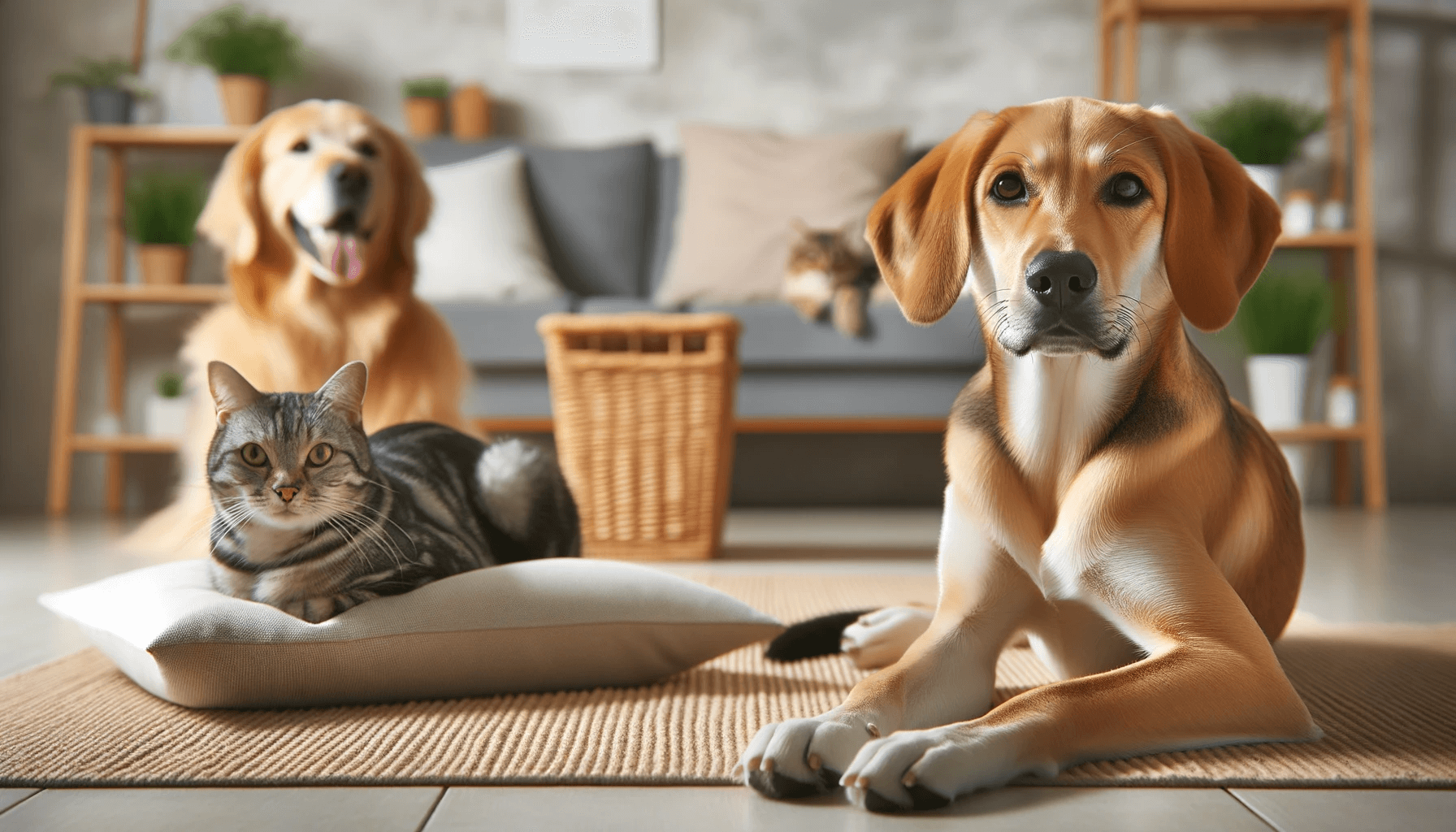 A Lab Hound Mix peacefully coexisting with a cat and another dog, proving its compatibility with other pets