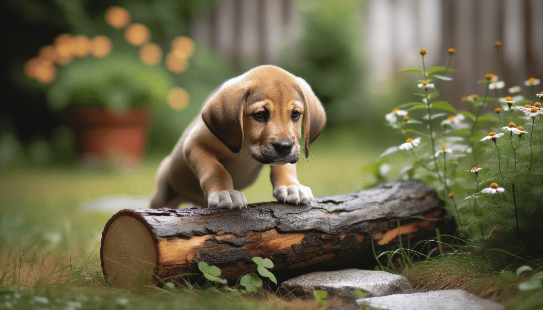 A Lab Hound Mix puppy cautiously stepping over a small obstacle, showing its adventurous spirit