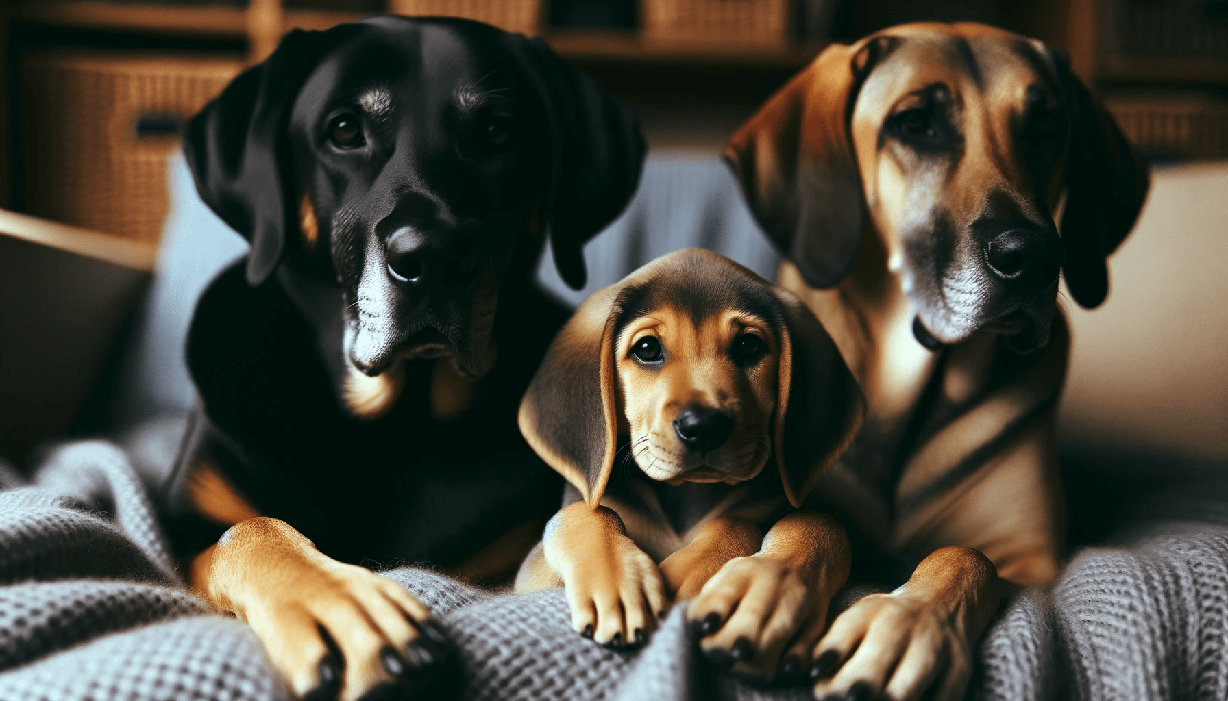 A Lab Hound Mix puppy cuddled up between a Labrador and a Hound parent
