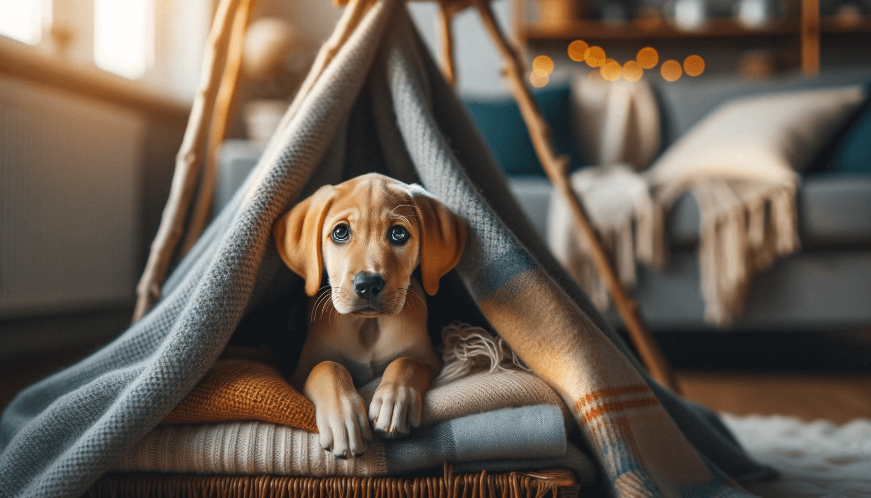 A Lab Hound Mix puppy peeping out from a cozy shelter, waiting for its forever home