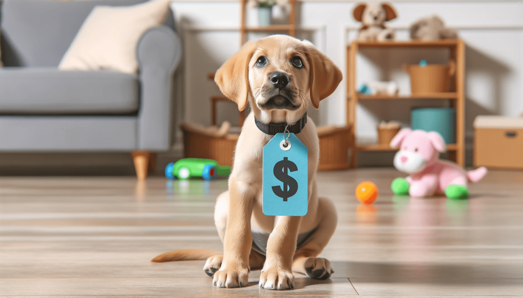 A Lab Hound Mix puppy with a dollar sign tag, highlighting the financial aspects of pet ownership