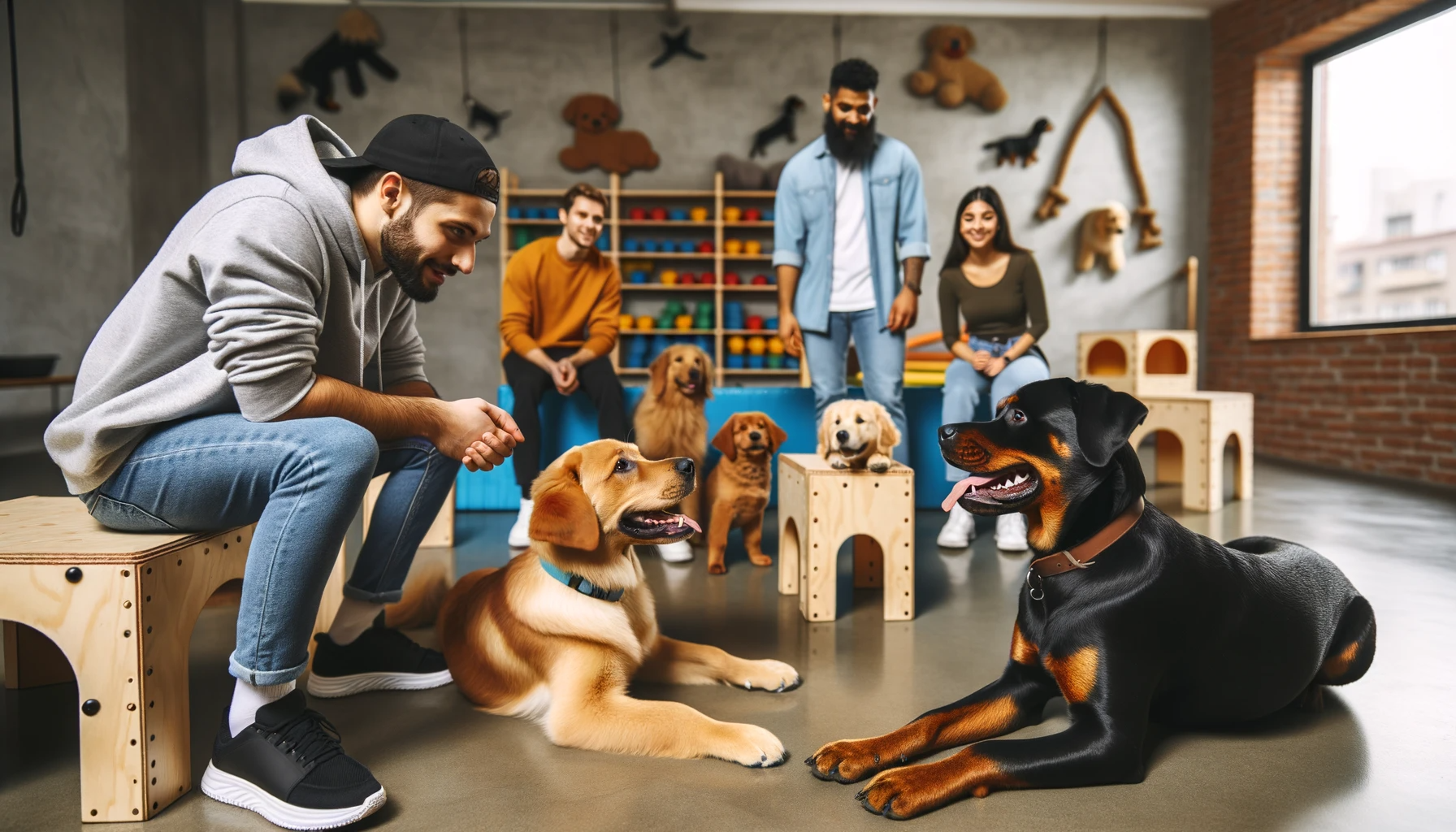 A Labrador Mix with Rottweiler in a socialization class, learning to play well with other dogs