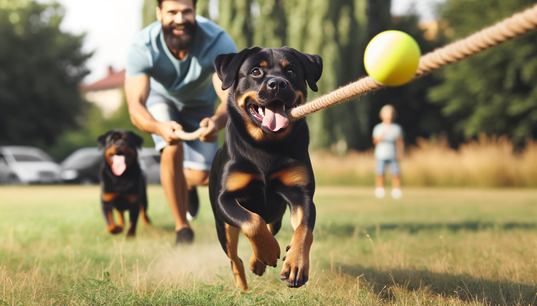 A Labrador Rottweiler Mix enjoying a game of fetch, running alongside its owner, and engaging in a tug-of-war, highlighting their need for varied and vigorous exercise