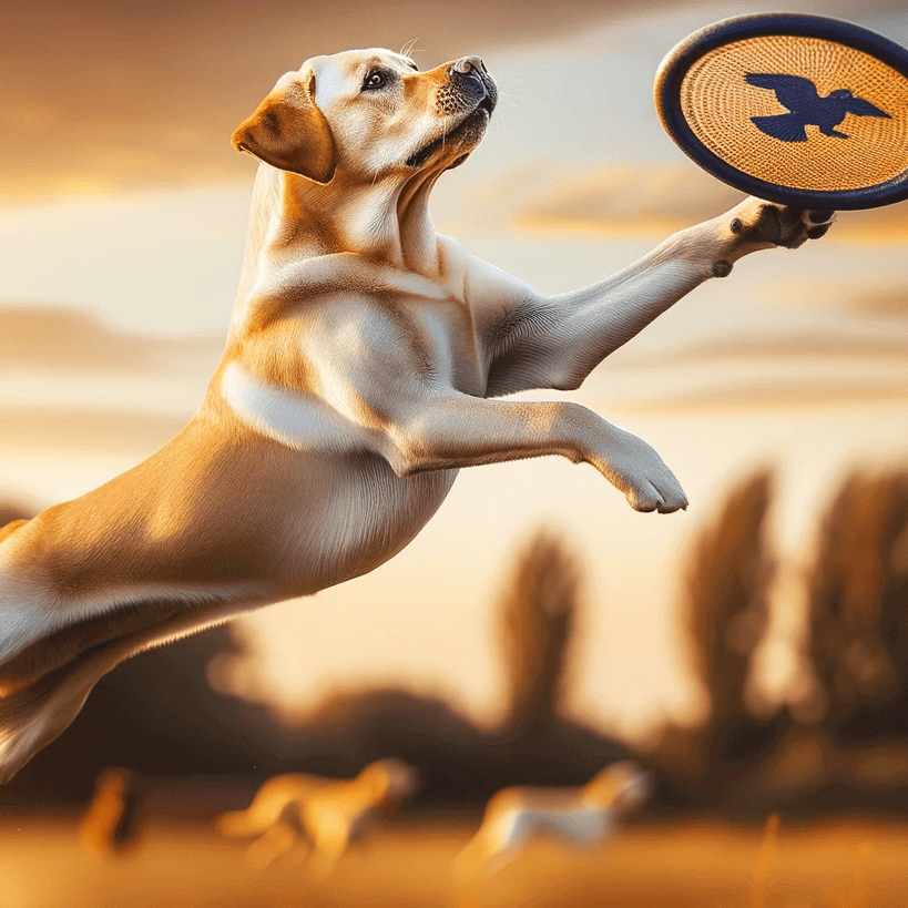 A Labrador caught mid-leap fetching a Frisbee
