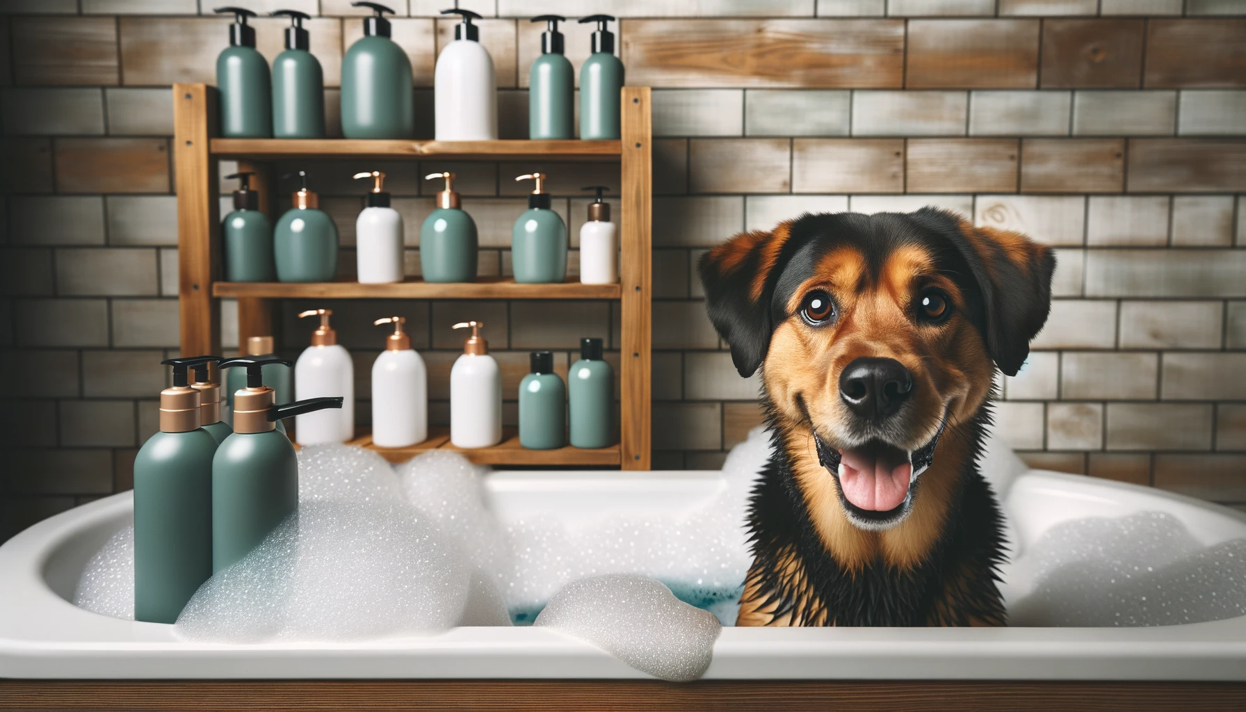 A Labrador mixed with Rottweiler enjoying a bubbly bath with coat conditioner and shampoo bottles visible