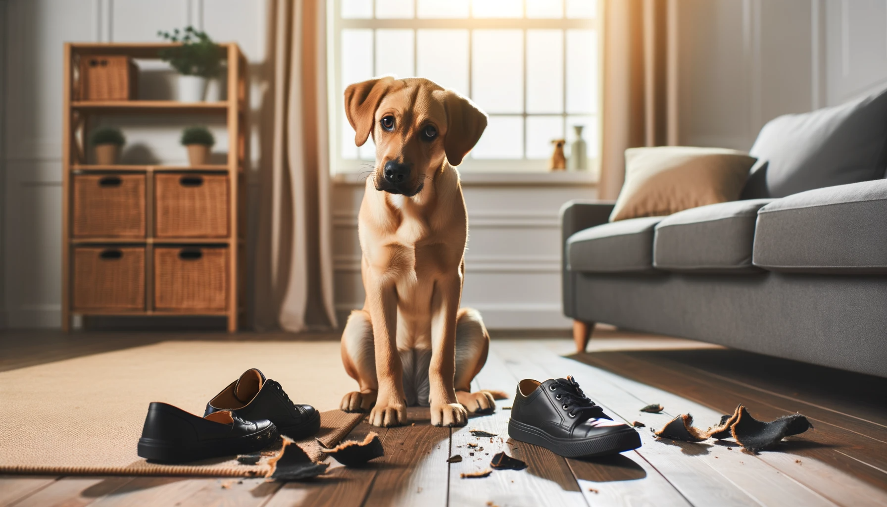 Labrador mixed with Rottweiler looking guilty next to a pair of chewed-up shoes, illustrating the importance of mental stimulation and exercise.