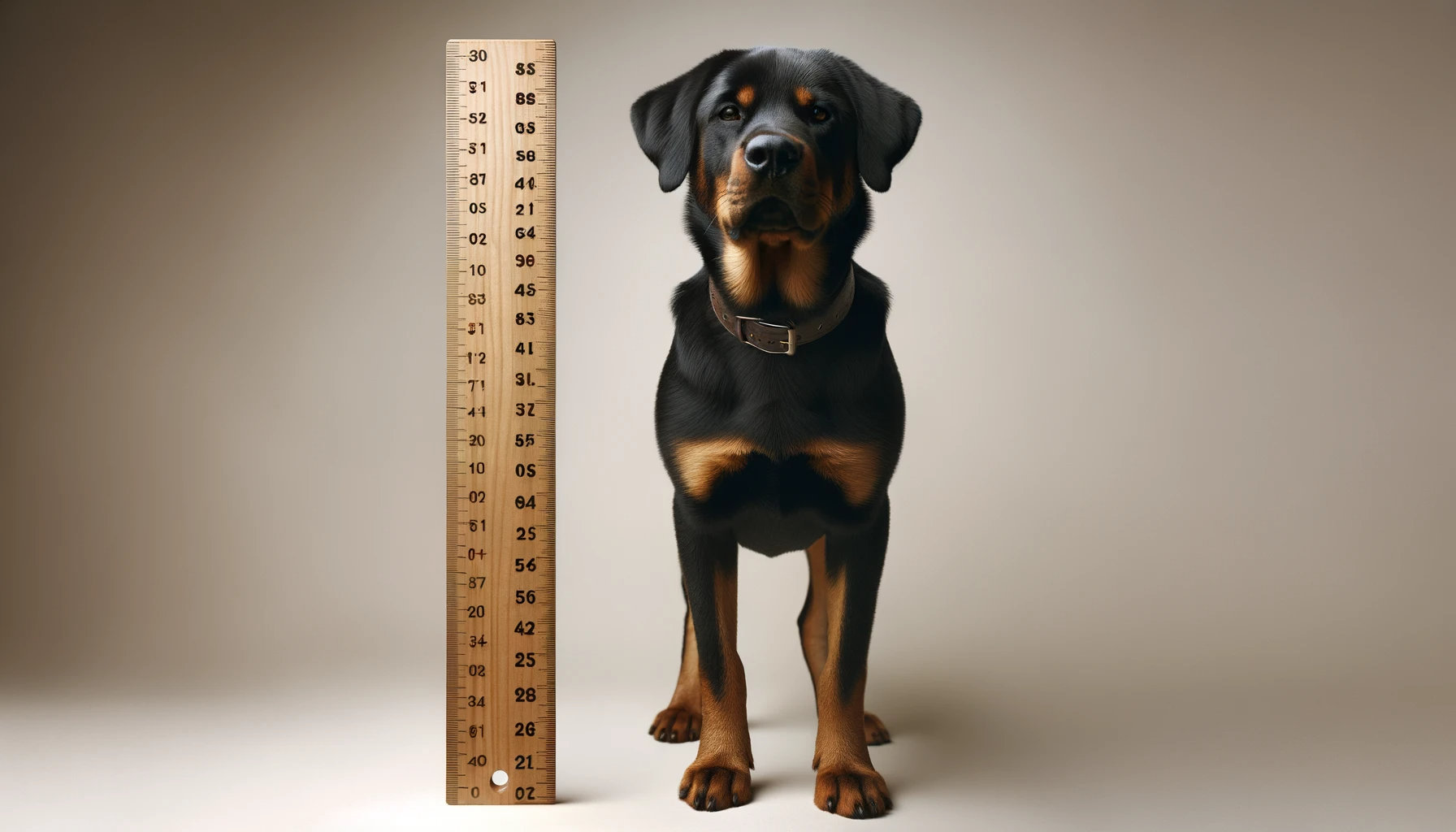 A Labrador mixed with Rottweiler standing next to a ruler, indicating its potential size range