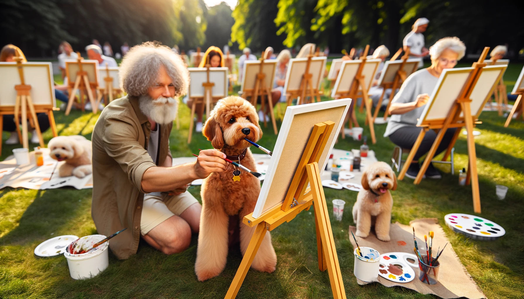 Mini Goldendoodle and its owner participating in a dog-friendly outdoor painting class, surrounded by easels and canvases.