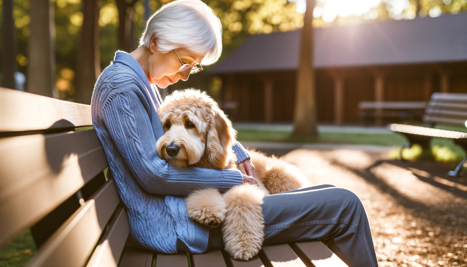 Mini Goldendoodle sitting closely beside a Baby Boomer on a bench, offering comfort with its head on their lap during a reflective moment.