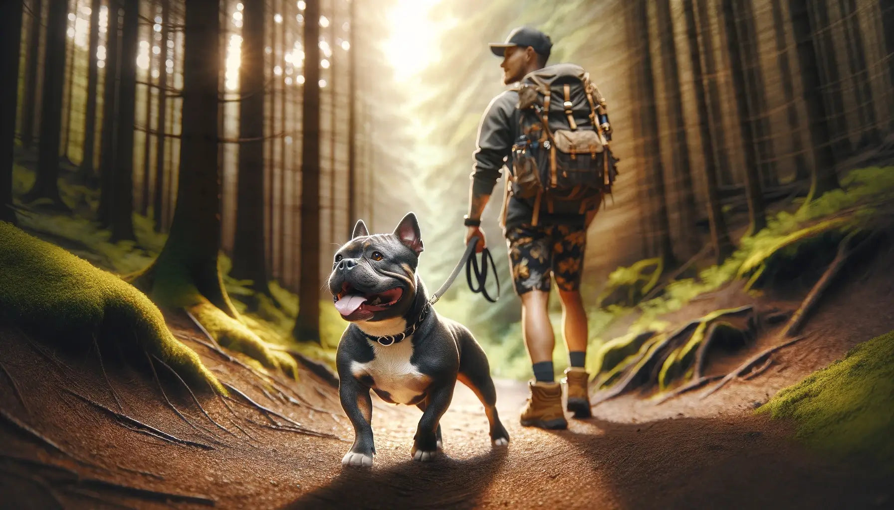 A Pocket Bully on a hiking adventure with its owner, showcasing the breed's adaptability to various activities