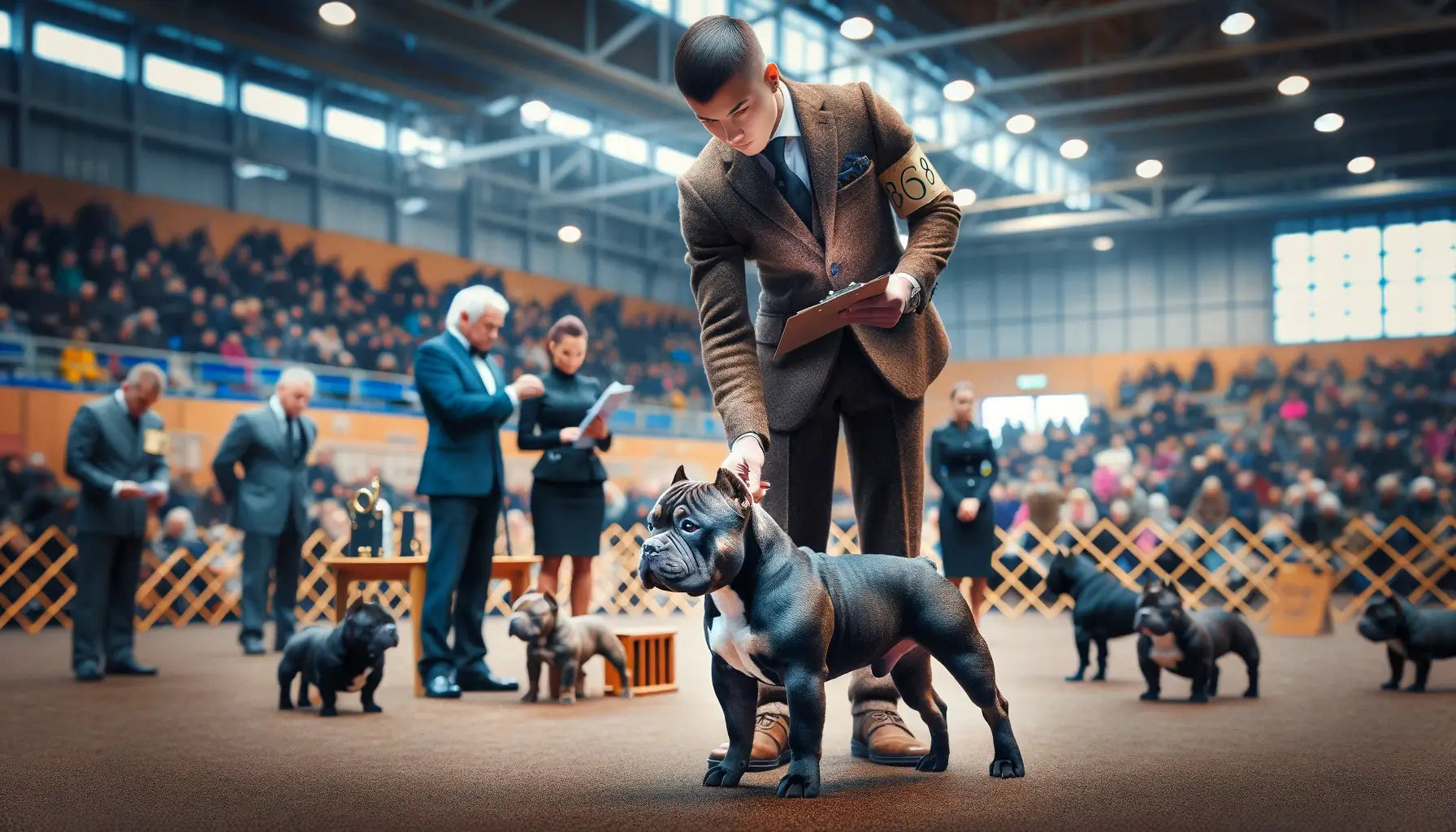 A Pocket Bully participating in a dog show, displaying its confidence and poise