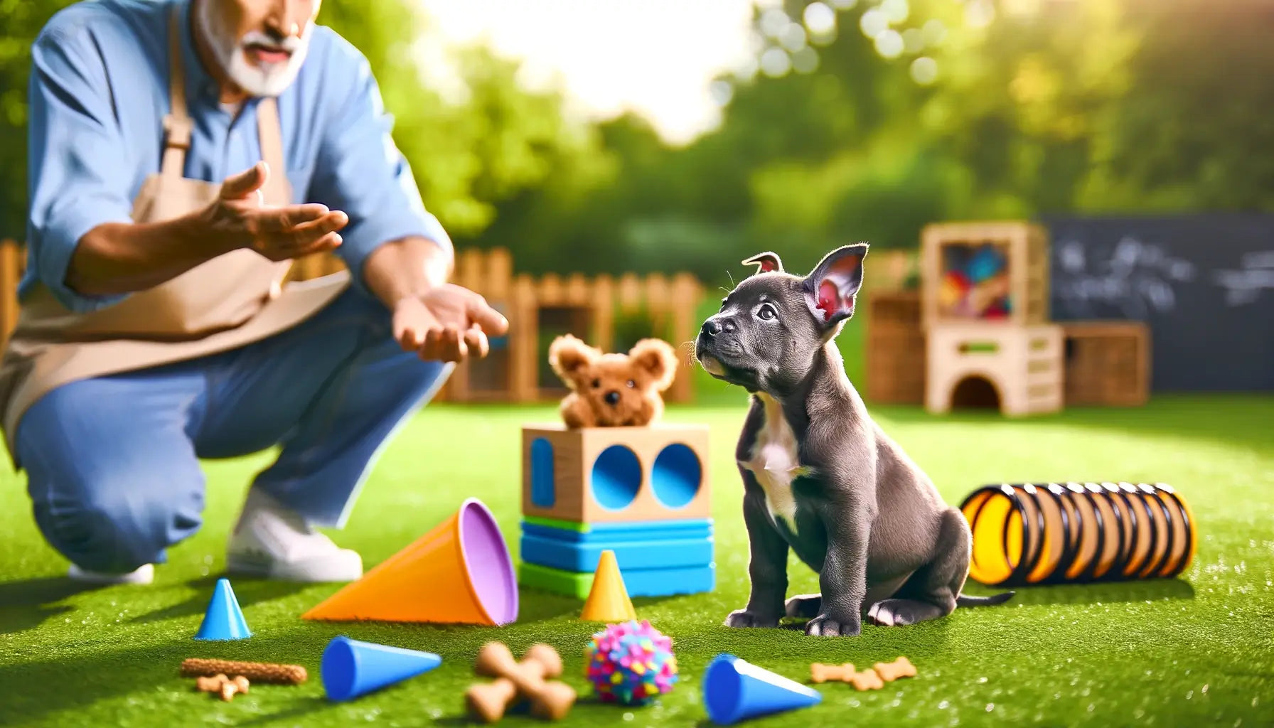 A Pocket Bully puppy being trained, emphasizing the importance of early socialization and training