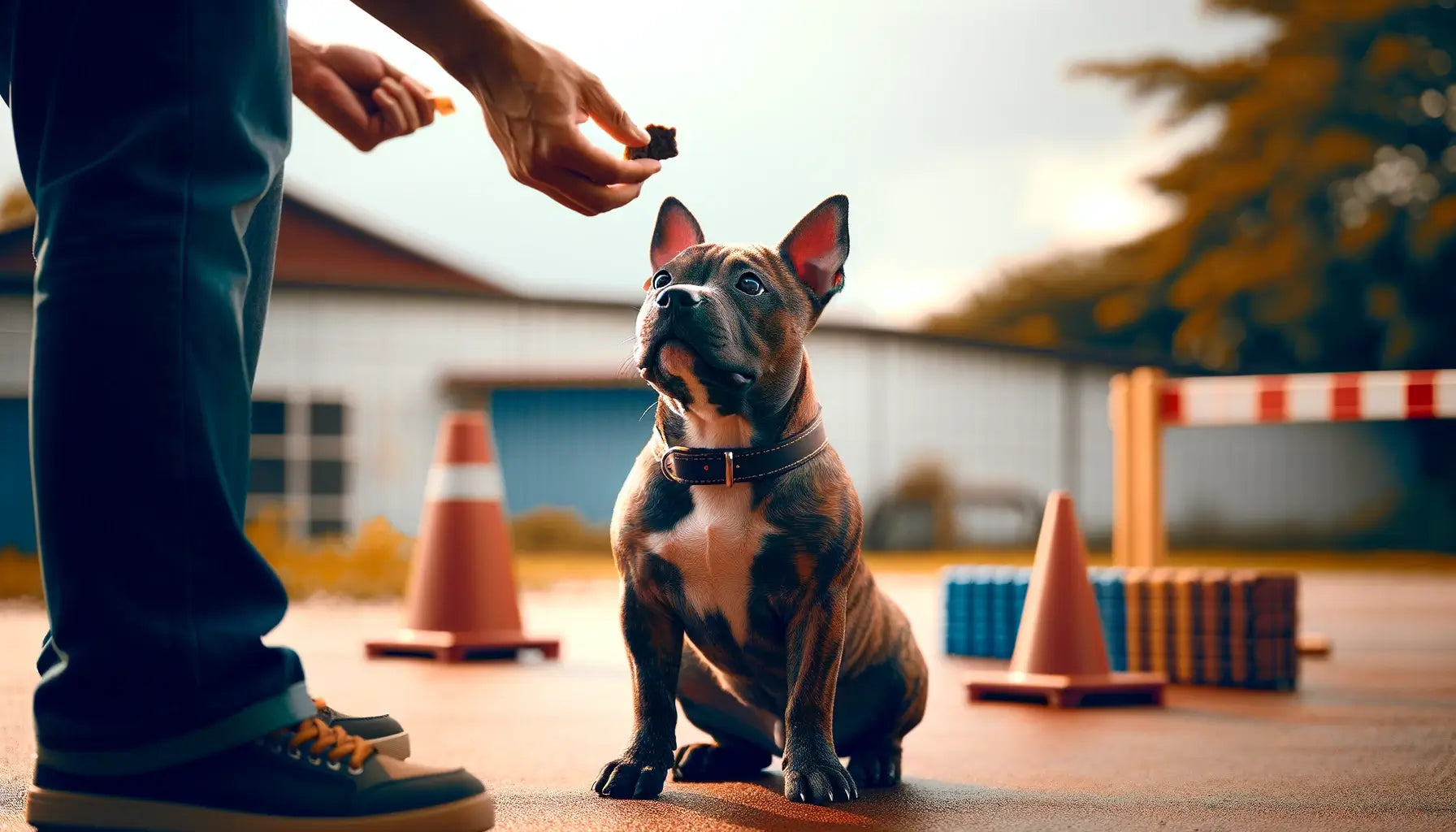 A Pocket Bully sitting obediently during a training session, highlighting its intelligence and eagerness to please