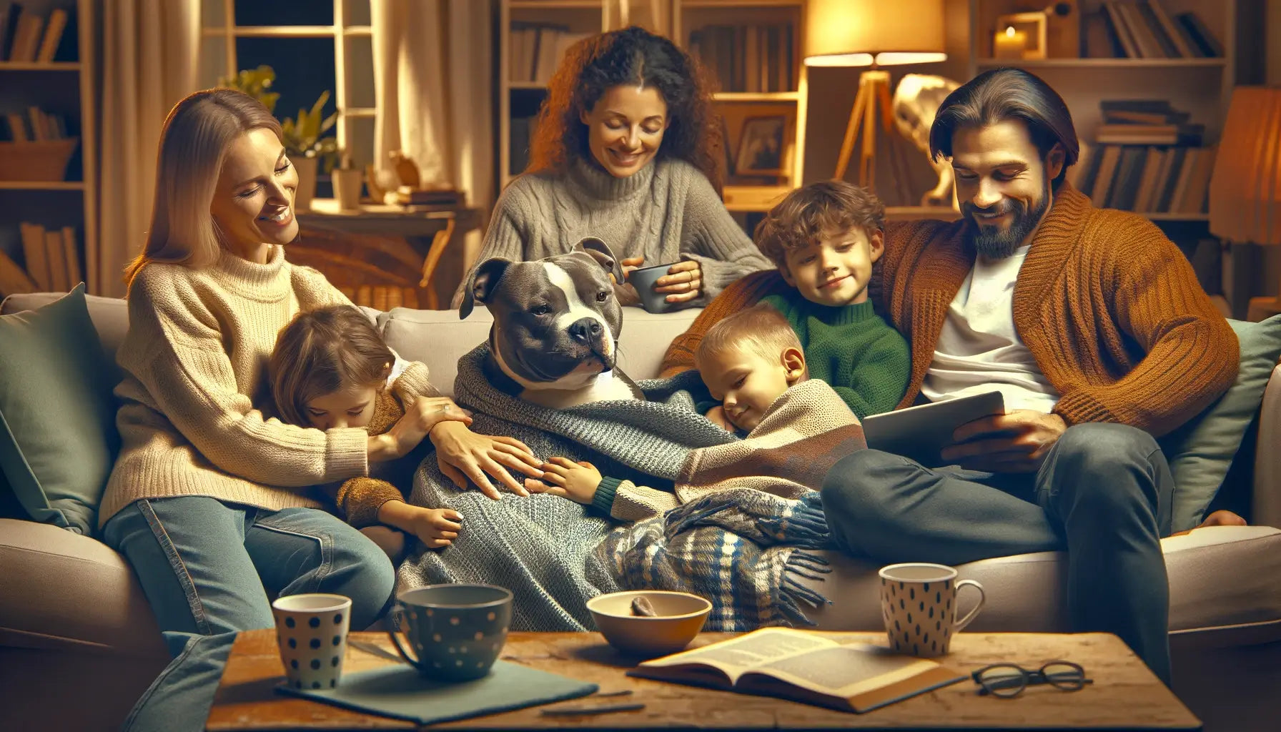 A Pocket Bully snuggled up with its family on a couch, illustrating its affectionate and loyal nature