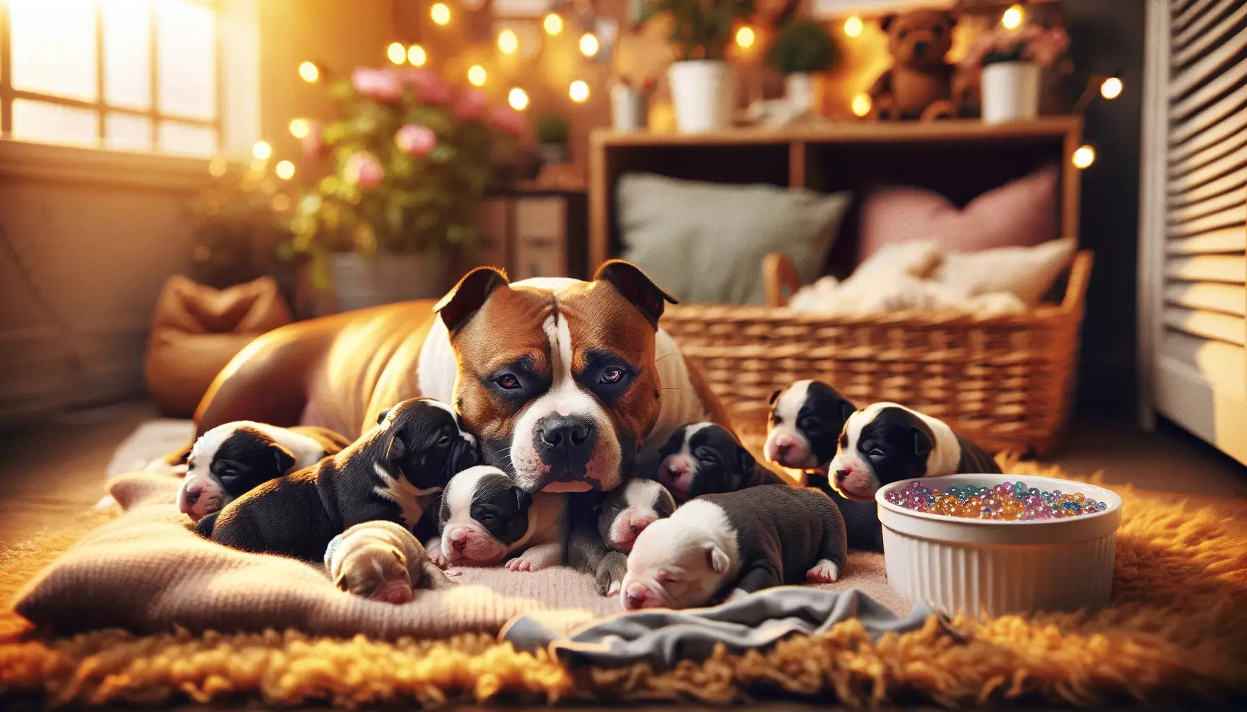 A Pocket Bully with a litter of puppies, showcasing the breed's role in responsible breeding practices