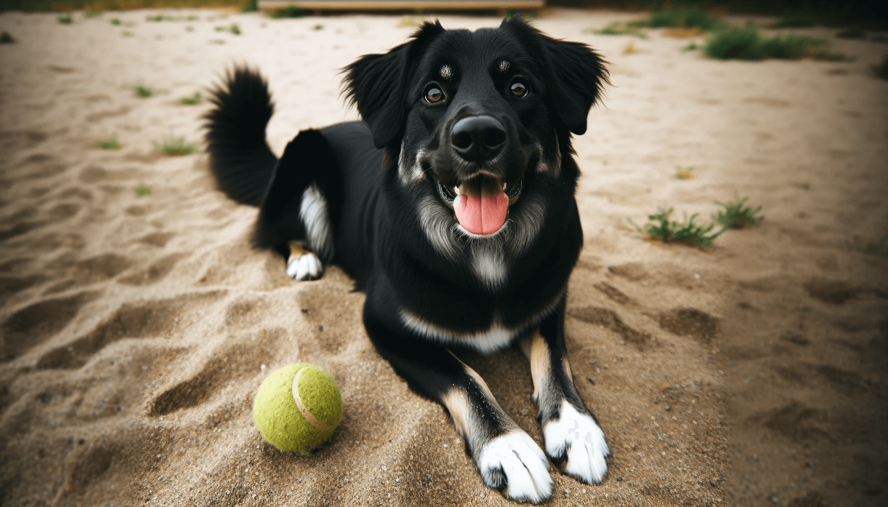 A Pyrenees Lab Mix dog with a shiny black coat and distinctive white markings on its chest and paws is lying down on a sandy area, looking up with a bri