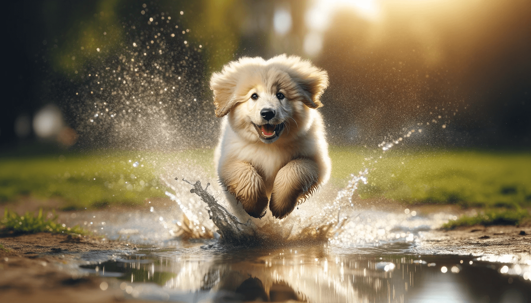 A Pyrenees Lab Mix puppy is captured in mid-leap, its fluffy light cream coat billowing as it bounds through a splash in a shallow puddle. Water dropl