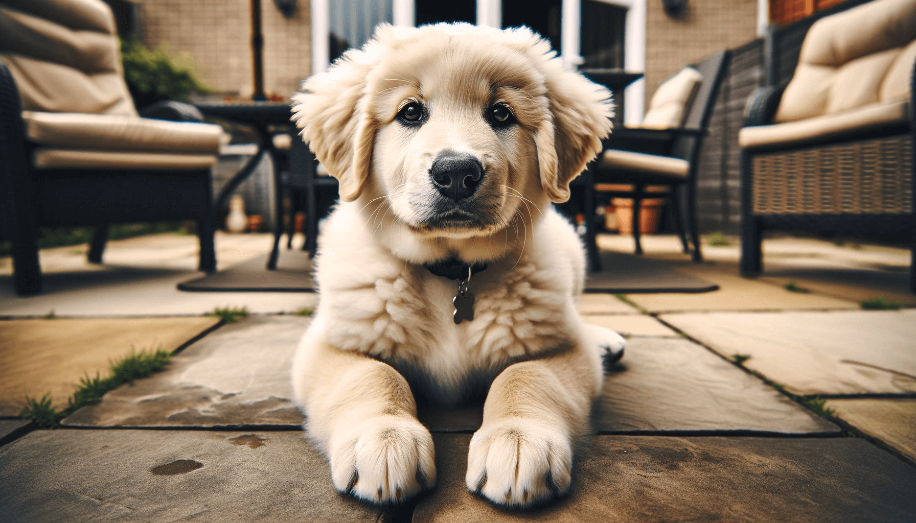 A Pyrenees Lab Mix puppy sits on a patio, gazing directly into the camera with an endearing and inquisitive look. It has a soft, fluffy coat of light