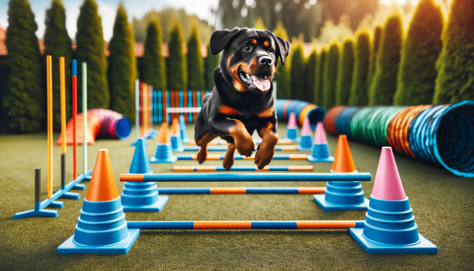 A Rottie and Lab Mix successfully navigating an agility course, illustrating the importance of varying training activities for intellectual stimulation