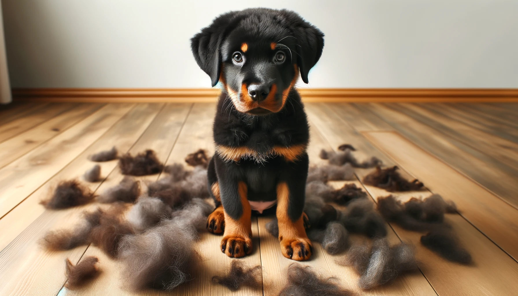 A Rottweiler Lab Mix Puppy surrounded by tufts of fur, indicating a shedding season