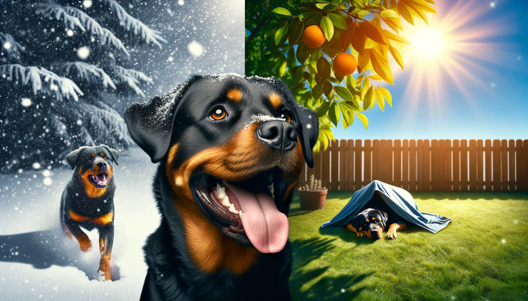 A Rottweiler Lab Mix looking joyful in the snow and relaxing in the shade during a hot summer day, showing their adaptability to different weather conditions