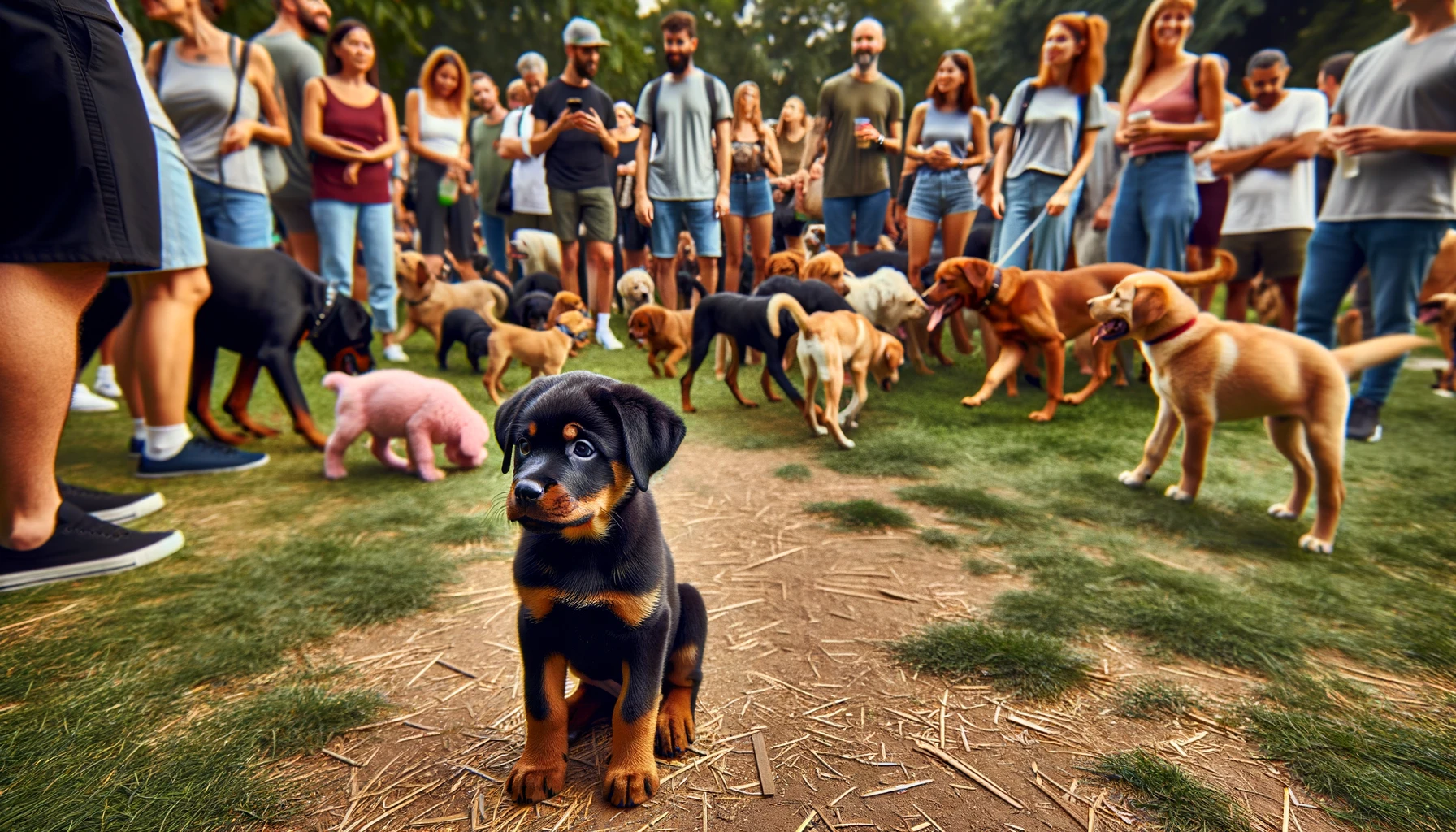 A Rottweiler Lab Mix puppy at a busy dog park, cautiously approaching other dogs and people, showcasing the importance of early socialization