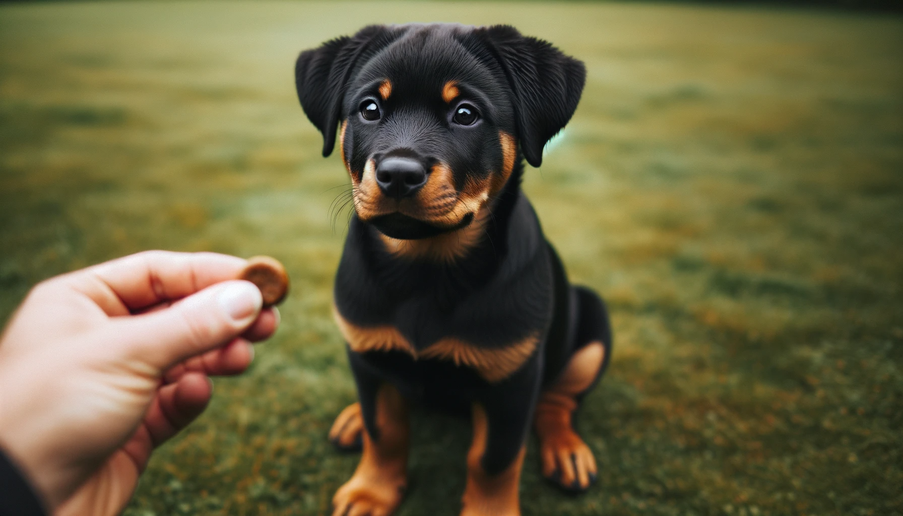 A Rottweiler Lab Mix puppy in a sit position, eagerly awaiting a treat reward, showing that consistency and positive reinforcement are effective