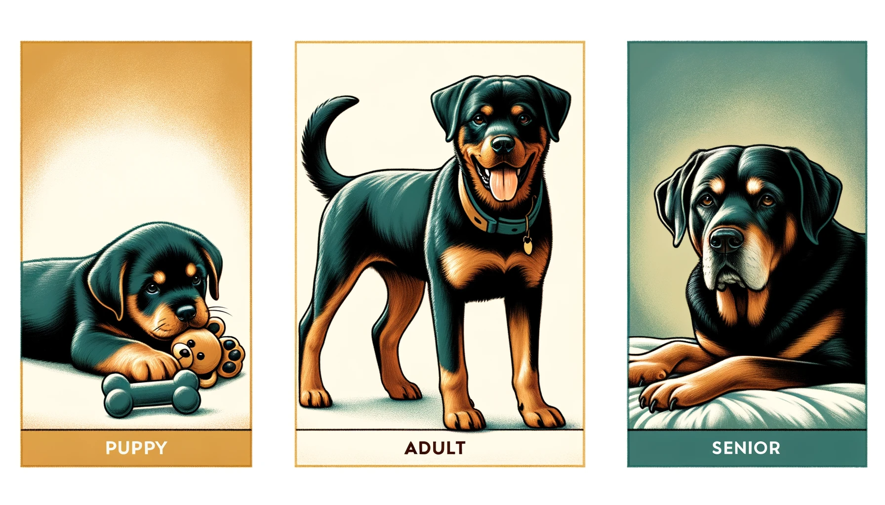 A Rottweiler Lab Mix shown as a playful pup, a robust adult, and a wise senior, signifying the different life stages and health concerns to be aware of