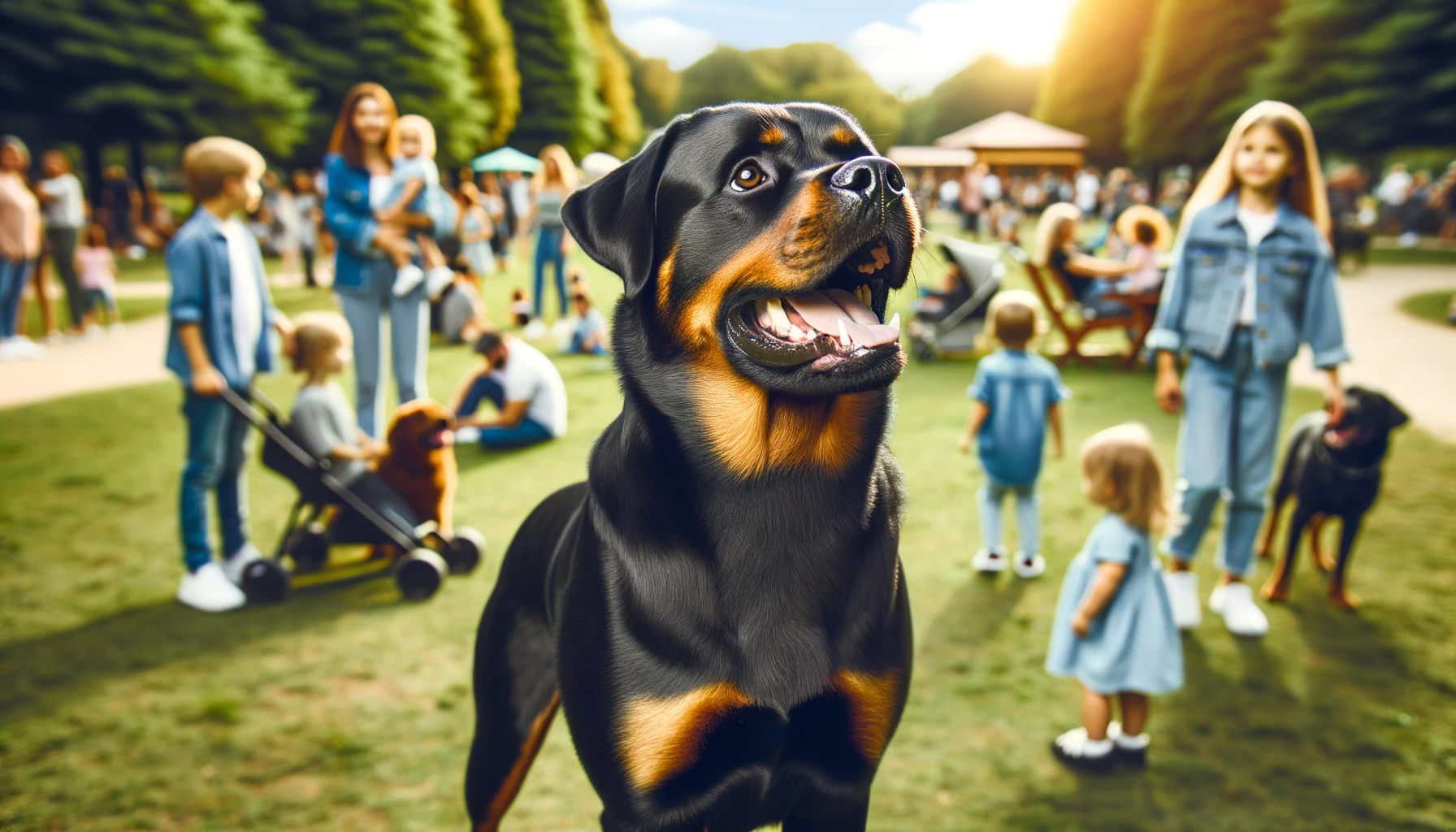 A Rottweiler mix with Black Lab mid-bark in a park, illustrating the point that these dogs can be vocal when the mood strikes.