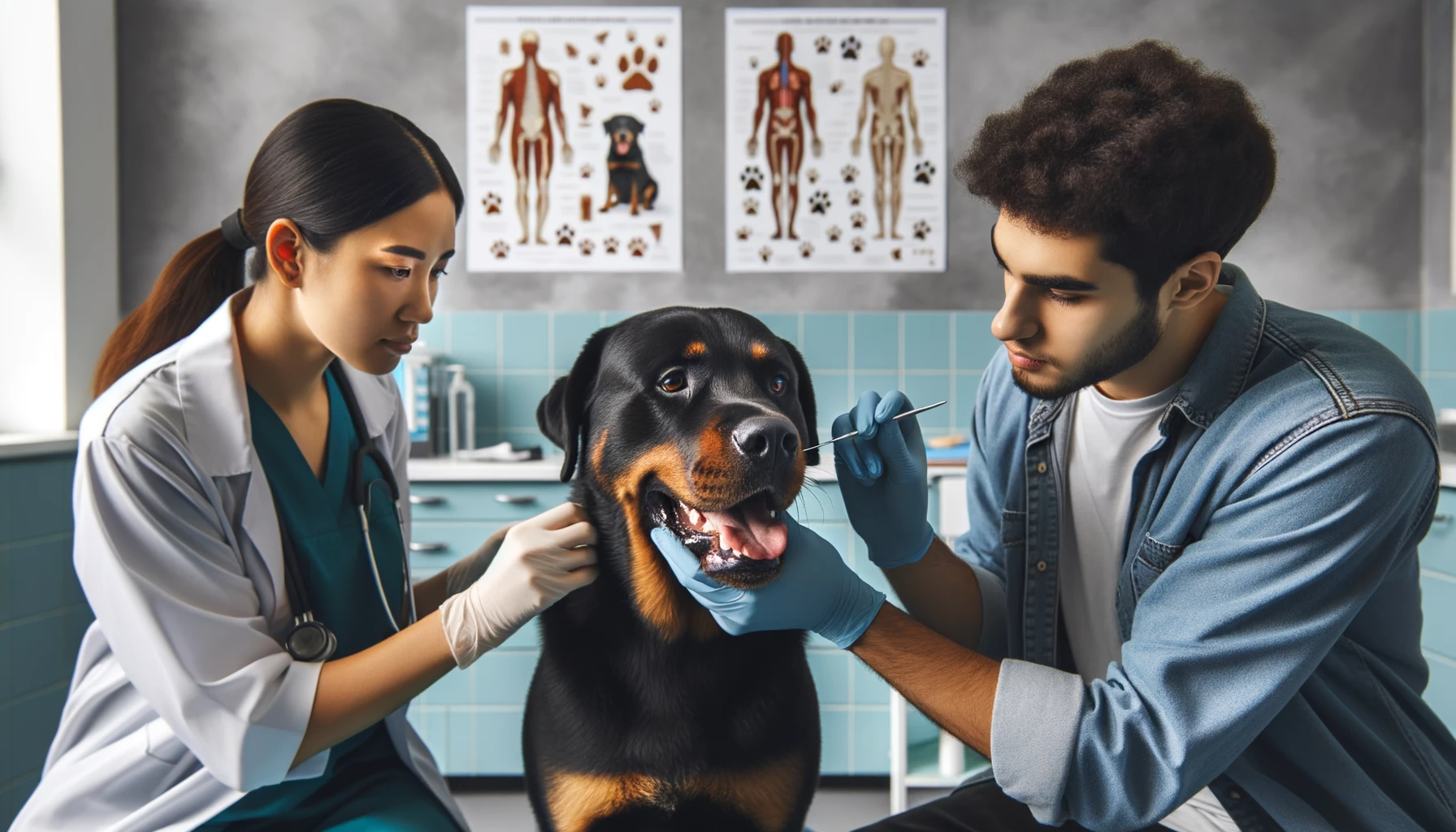 A Rottweiler mixed with Lab getting its teeth cleaned, nails trimmed, and ears checked by a vet