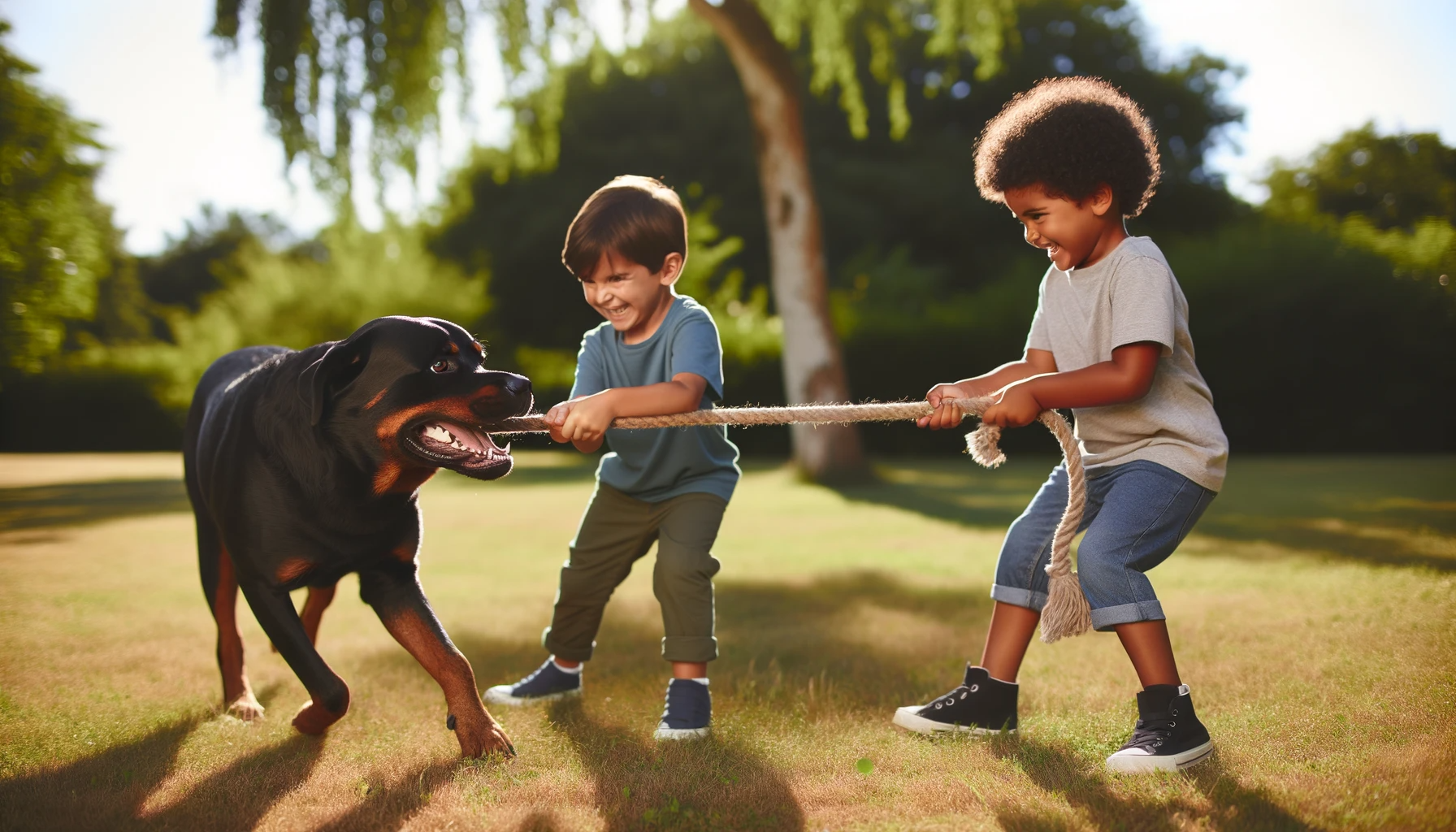 A Rottweiler mixed with Lab playing a gentle game of tug-of-war with a child