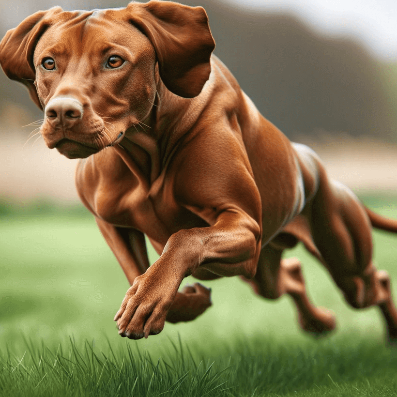 A Vizsla Lab Mix channeling its inner Usain Bolt, racing across a meadow