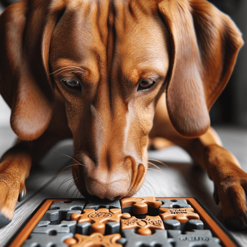 A Vizsla Lab Mix engrossed in a challenging puzzle toy