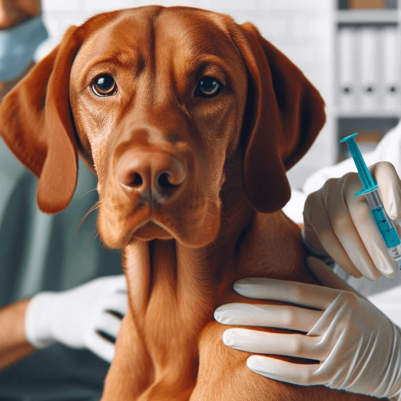 A Vizsla Lab Mix getting a vaccination shot, looking surprisingly chill about the whole affair