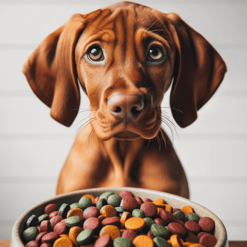 A Vizsla Lab Mix giving the puppy eyes to a bowl filled with colorful balanced kibble