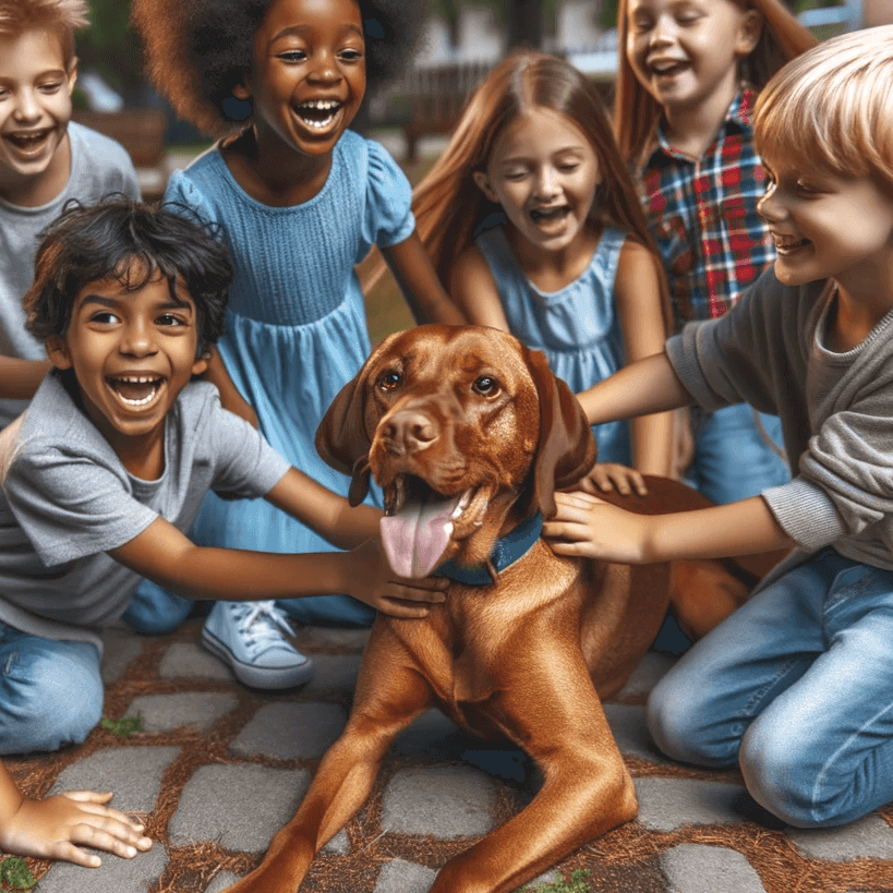 A Vizsla Lab Mix gleefully playing with a group of kids