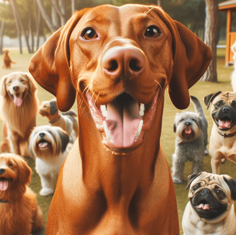 A Vizsla Lab Mix happily interacting with a group of various dog breeds