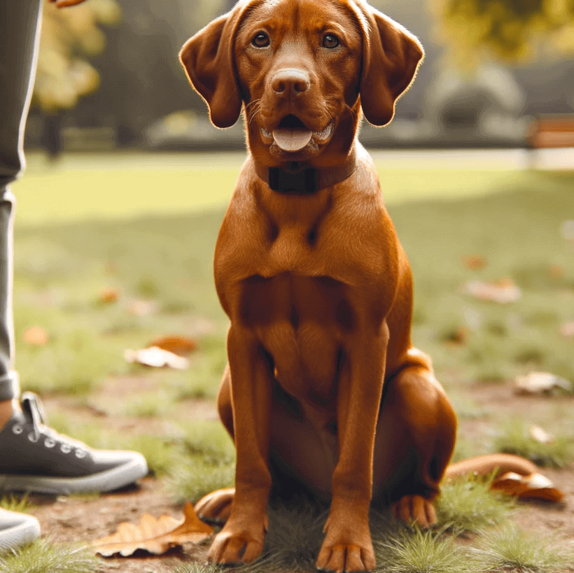 A Vizsla Lab Mix proudly sitting on command during a training session