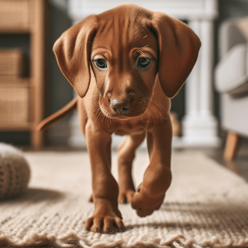A Vizsla Lab Mix puppy exploring its new home, illustrating the importance of a good breeder