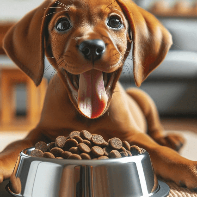 A Vizsla Lab Mix puppy savoring its first meal at its new home