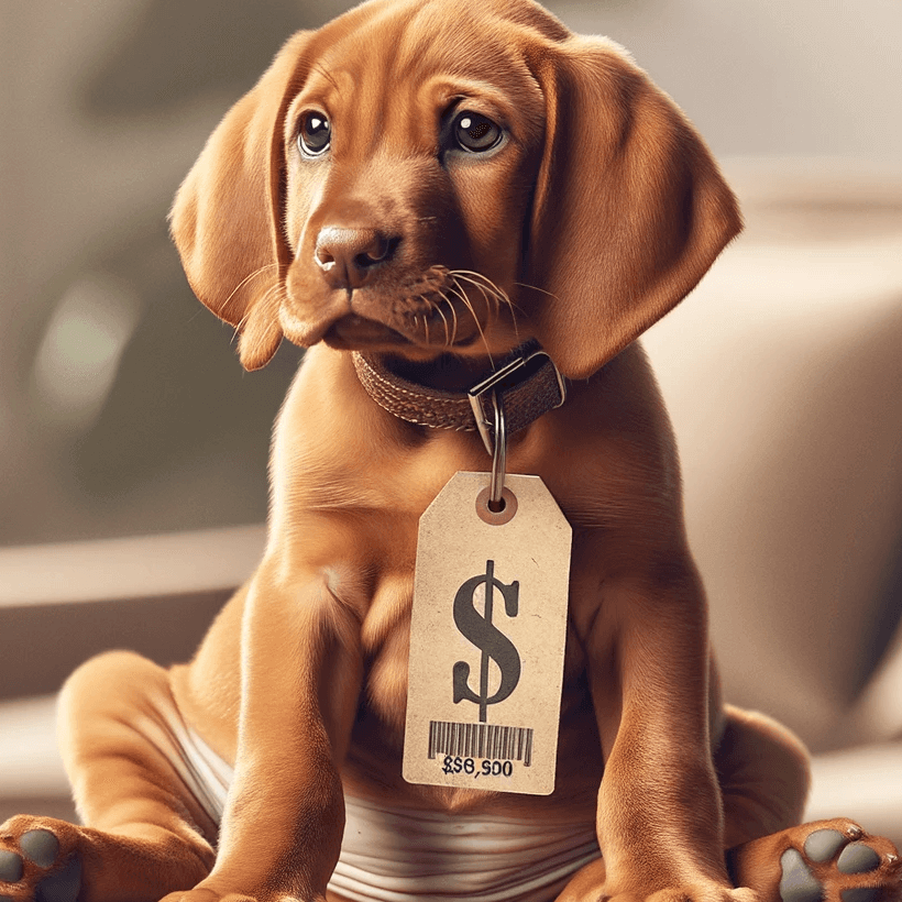 A Vizsla Lab Mix puppy sporting a price tag, inviting contemplation about its true value