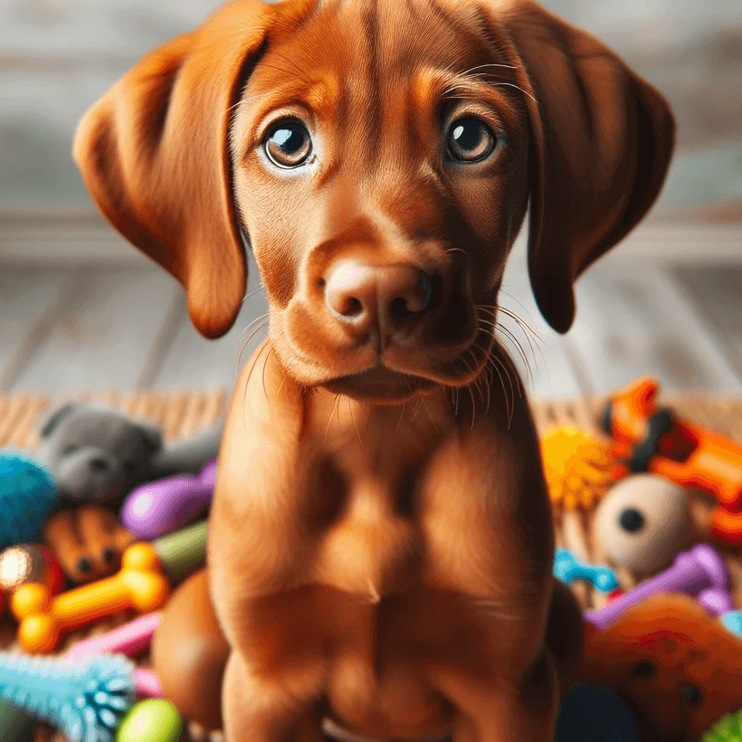A Vizsla Lab Mix puppy surrounded by its toys