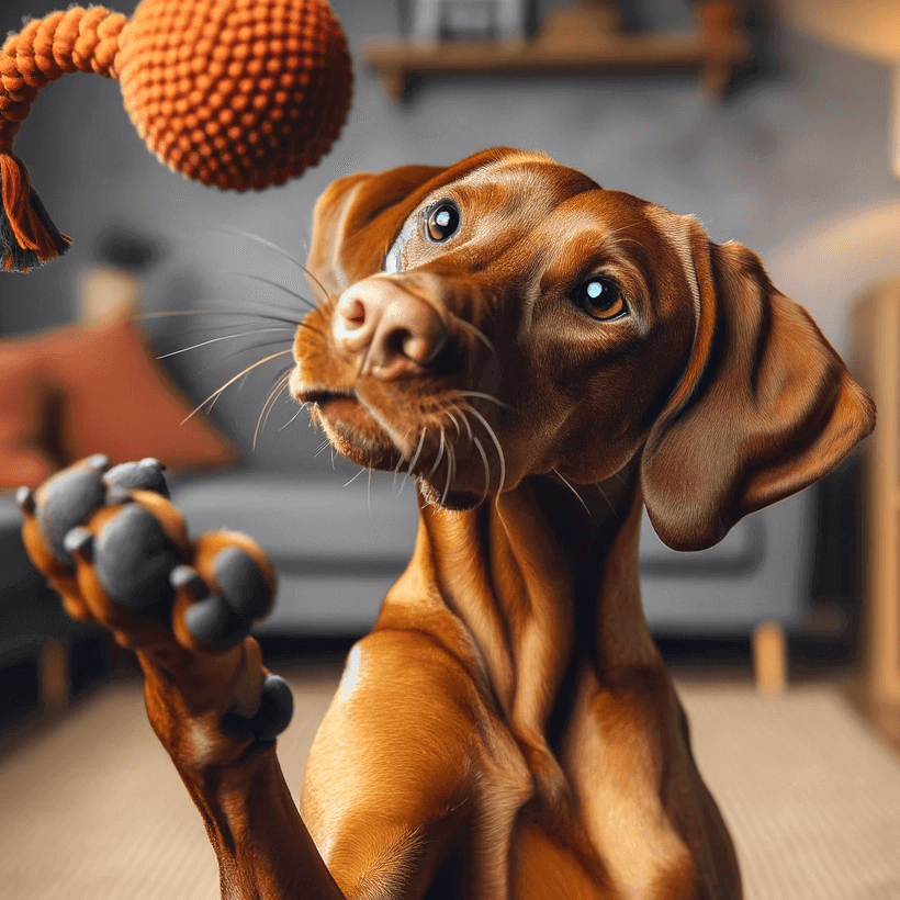 A Vizsla Lab Mix showing off its playful nature by juggling a toy