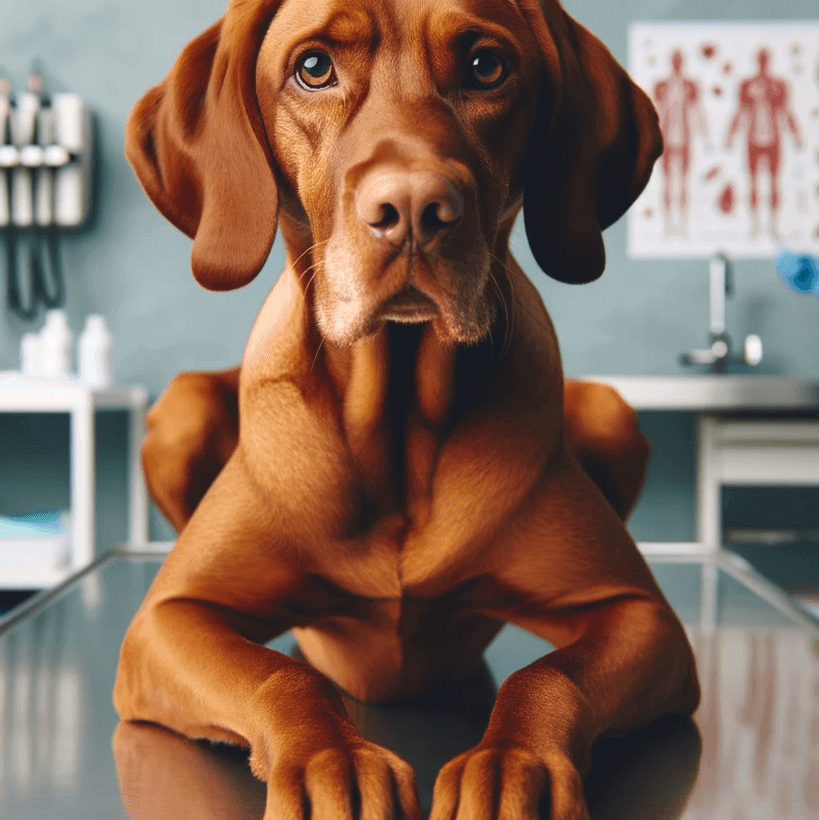 A Vizsla Lab Mix sitting bravely on a vet's table, ready for its annual check-up
