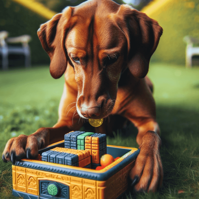 Vizsla Lab Mix solving a complex puzzle toy, showcasing intelligence and being a smarty pants