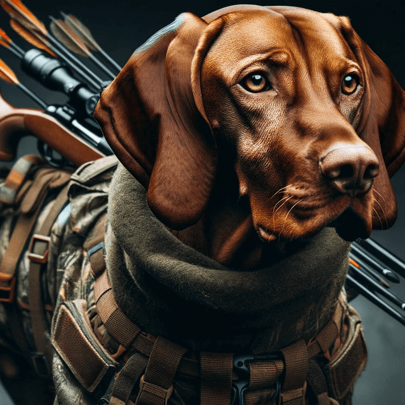 A Vizsla in hunting gear looking like it's ready to spring into action