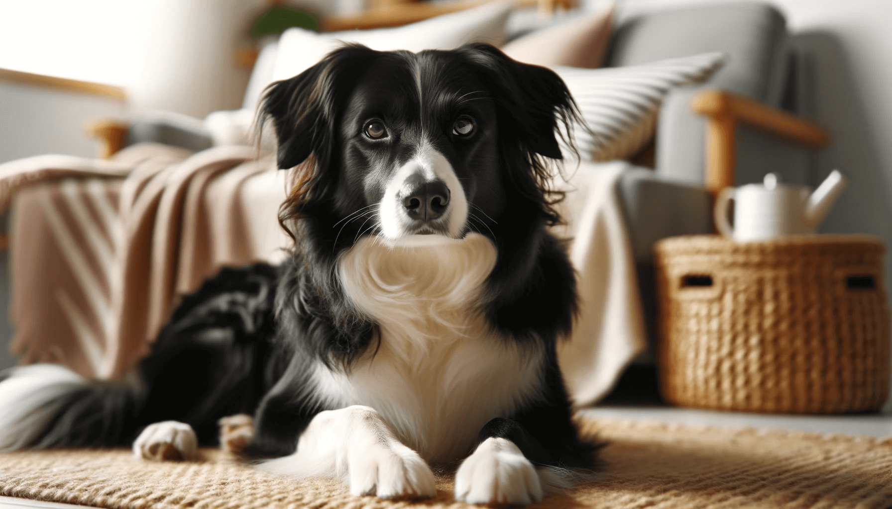 Black-and-white Borador Border Collie Lab Mix resting in a home environment. The dog should appear calm and alert, indicative of the breed.