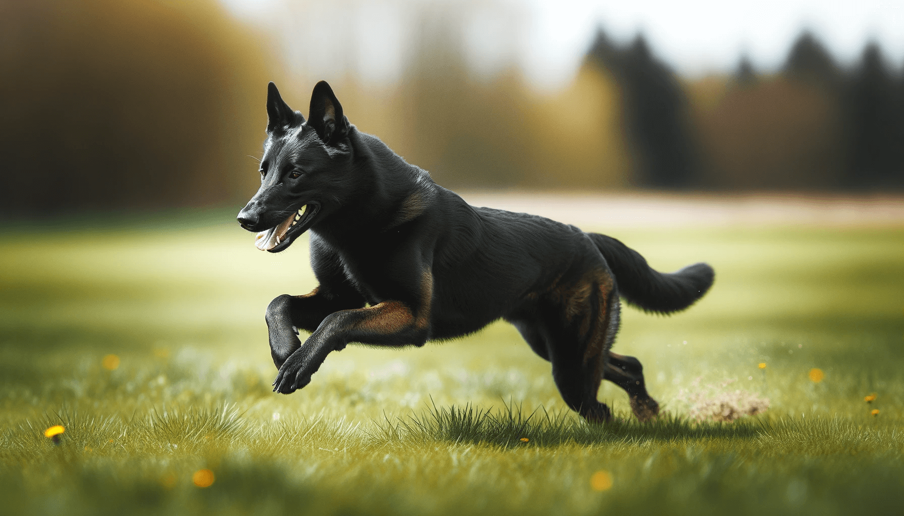 Rare Black Belgian Malinois in motion, running across a grassy field. The dog's body is angled to the left, and it appears to be in mid-stride, capturing its agility.